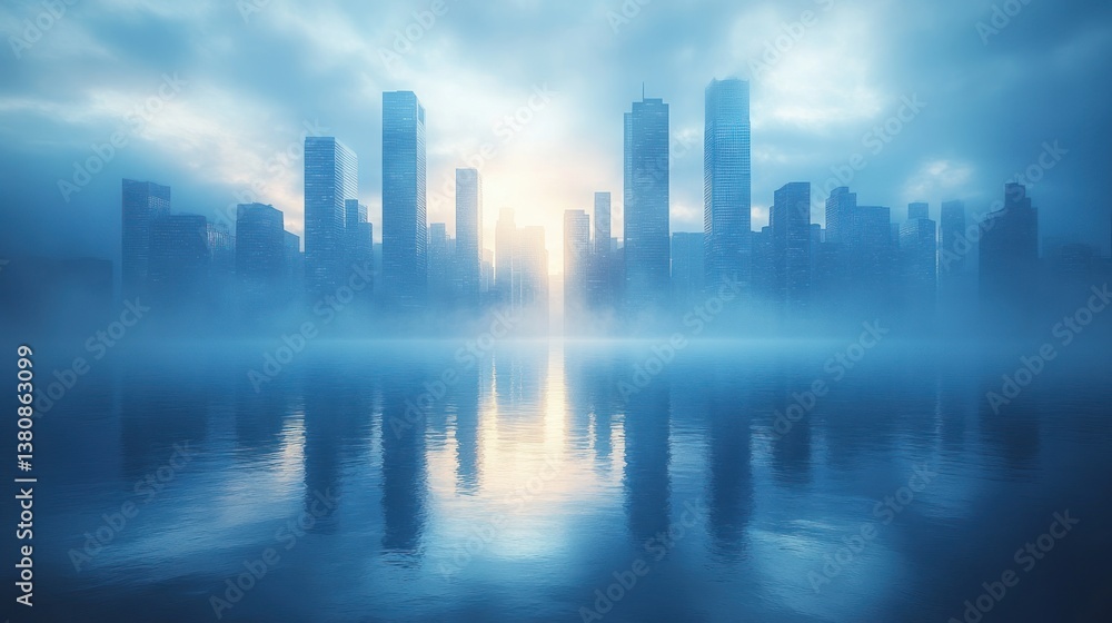 Futuristic Cityscape with Sleek Skyscrapers and Reflective Water in a Modern Urban Landscape Futuristic Cityscape with Sleek Skyscrapers and Reflective Water in a Modern Urban Landscape