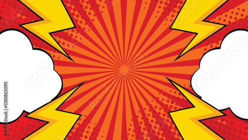 Comic Book Pop Art Background, Red Orange Burst, Lightning Bolts, Speech Bubbles