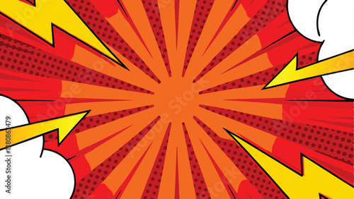 Comic Book Explosion Background Red, Orange, Yellow, Rays, Power, Dynamic, Pop Art, Energy, Action, 