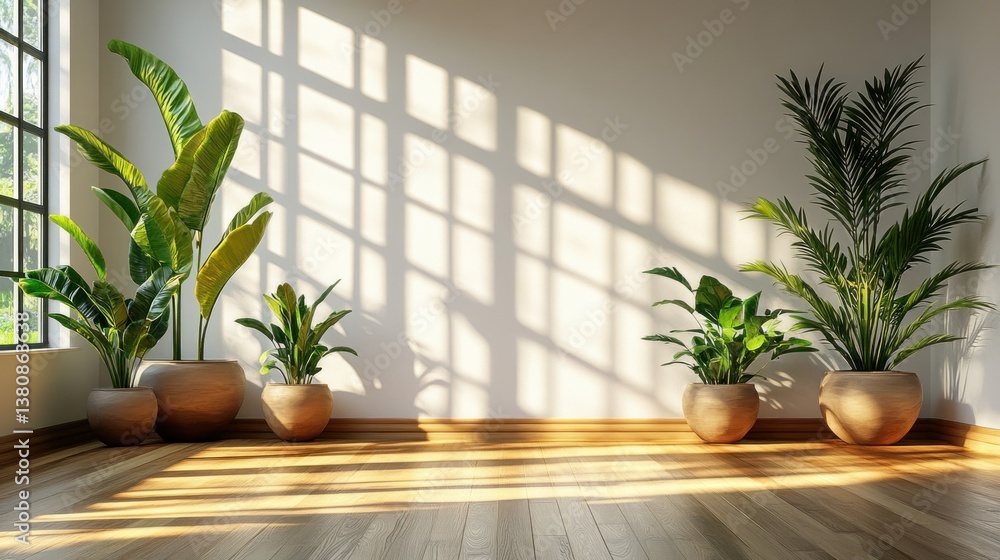 Minimalist Scandinavian Interior Design with Potted Plants in Bright Room Minimalist Scandinavian Interior Design with Potted Plants in Bright Room