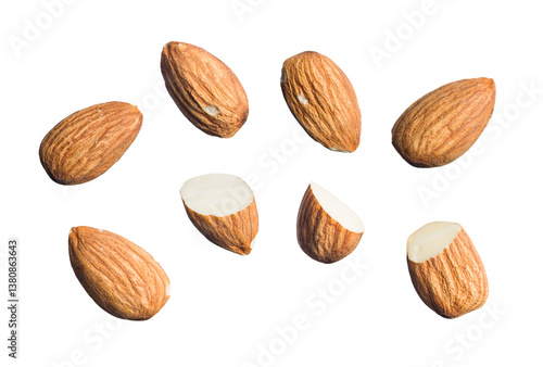 Set of shelled almonds isolated on transparent background. PNG Image.
