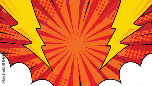 Comic Book Explosion Dynamic Rays, Red Background, Lightning Bolts