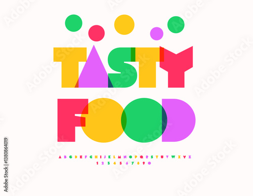Vector Festive advertisement Tasty Food for Cafe, Market and Shop. Transparent Colorful Font. Big Geometric Alphabet Letters and Numbers set.