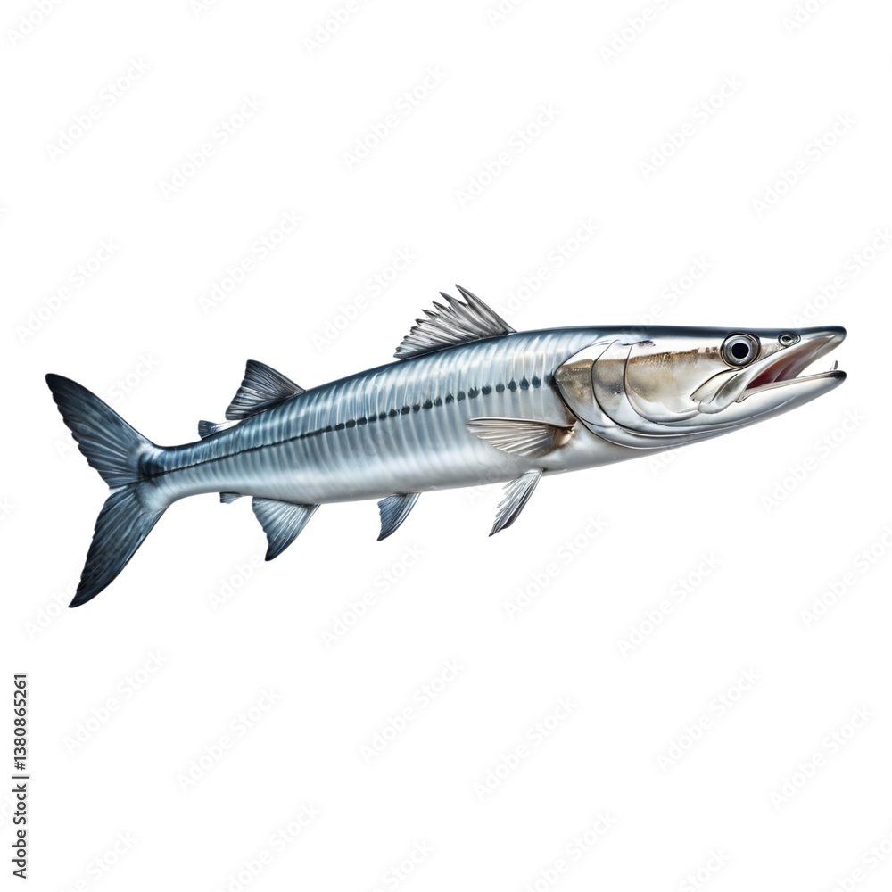 Fast-swimming silver fish with pointed fins, similar to a tuna. Fast-swimming silver fish with pointed fins, similar to a tuna.