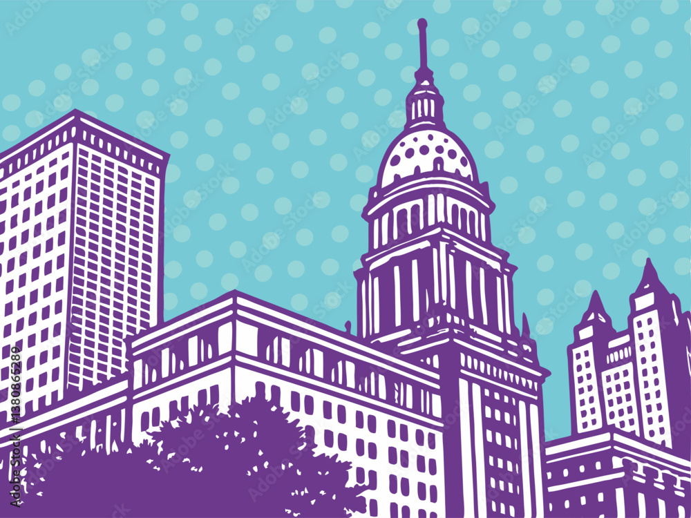 Fototapeta premium Cityscape Illustration Buildings, Dome, Skyline, Urban, Pop Art