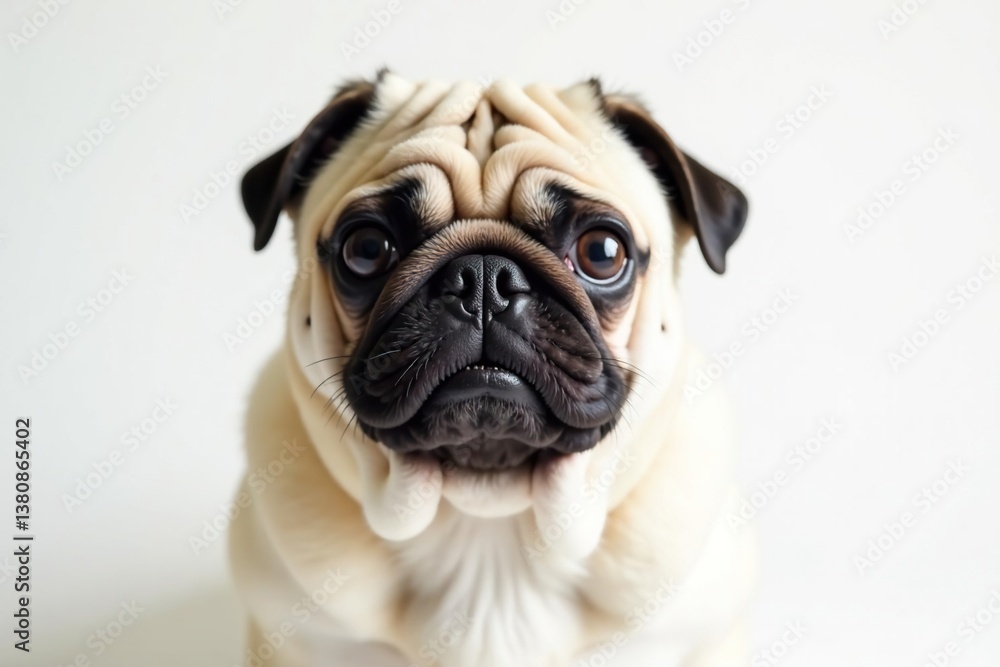 Obraz premium Charming pug with expressive eyes, alone against bright white backdrop, companion animal, small dog, white background