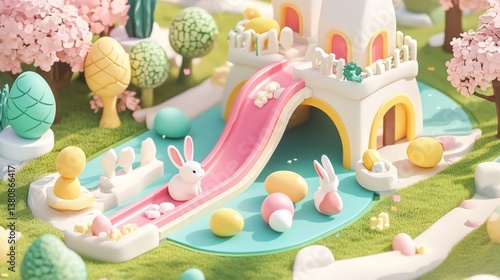 Charming 3D Easter Playground with Bunnies, Eggs, and a Whimsical Castle Slide