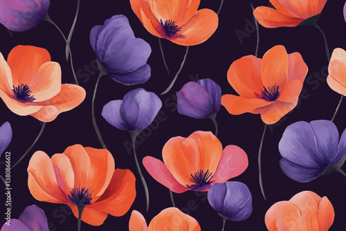 A seamless pattern of orange and purple flowers on a dark violet background, in the style of watercolor painting