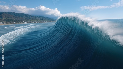 A massive tsunami wave approaches the shoreline under a bright blue sky, creating a stunning display of nature's power.