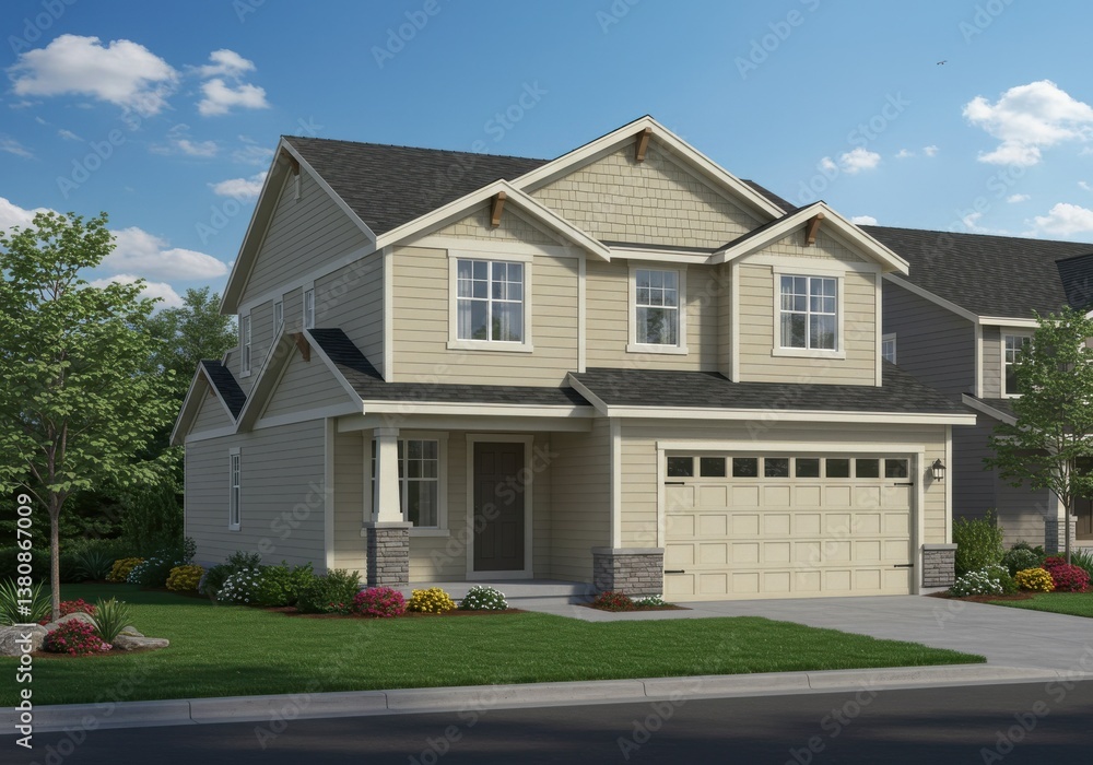 A two story house with a two car garage and a front yard on a sunny day with blue sky views seen A two story house with a two car garage and a front yard on a sunny day with blue sky views seen