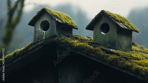 Two Birdhouses on Top of an Old Moss-covered Roof