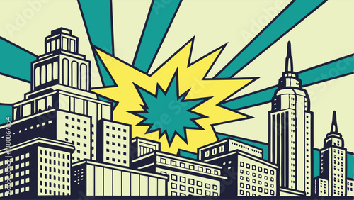 Retro Cityscape Comic Book Explosion Urban Skyline Illustration