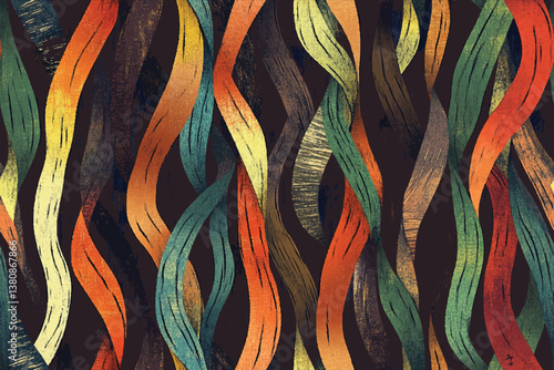 A seamless pattern of hand-drawn ribbons in an intricate, colorful design with a dark blue background