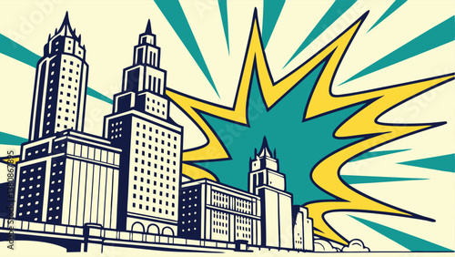 Retro Cityscape Pop Art Explosion Urban Skyline Buildings
