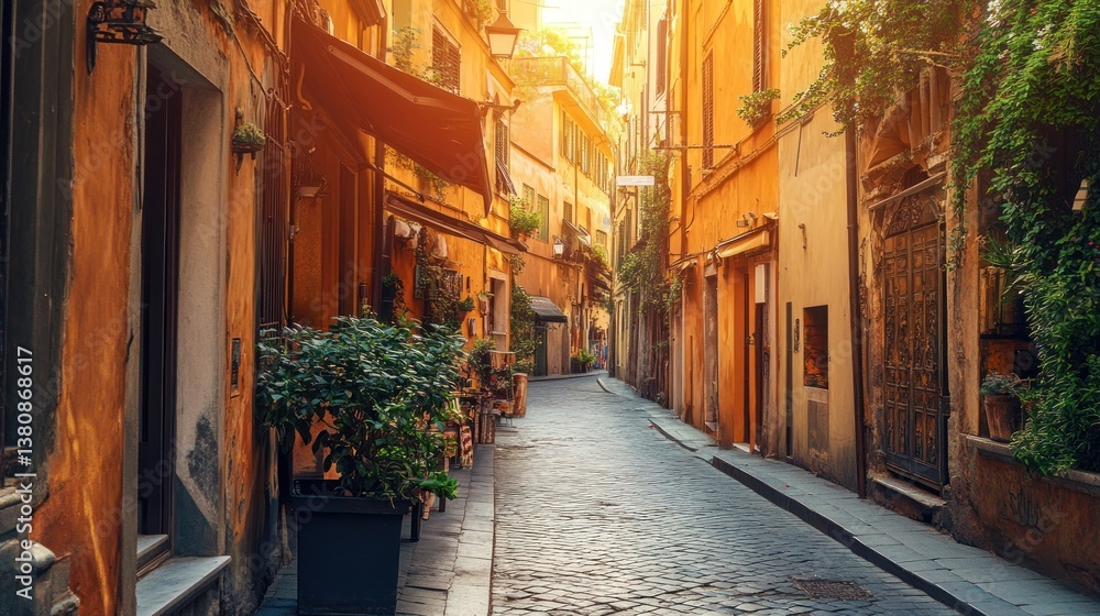 Fototapeta Sunlit cobblestone street, charming shops, warm hues