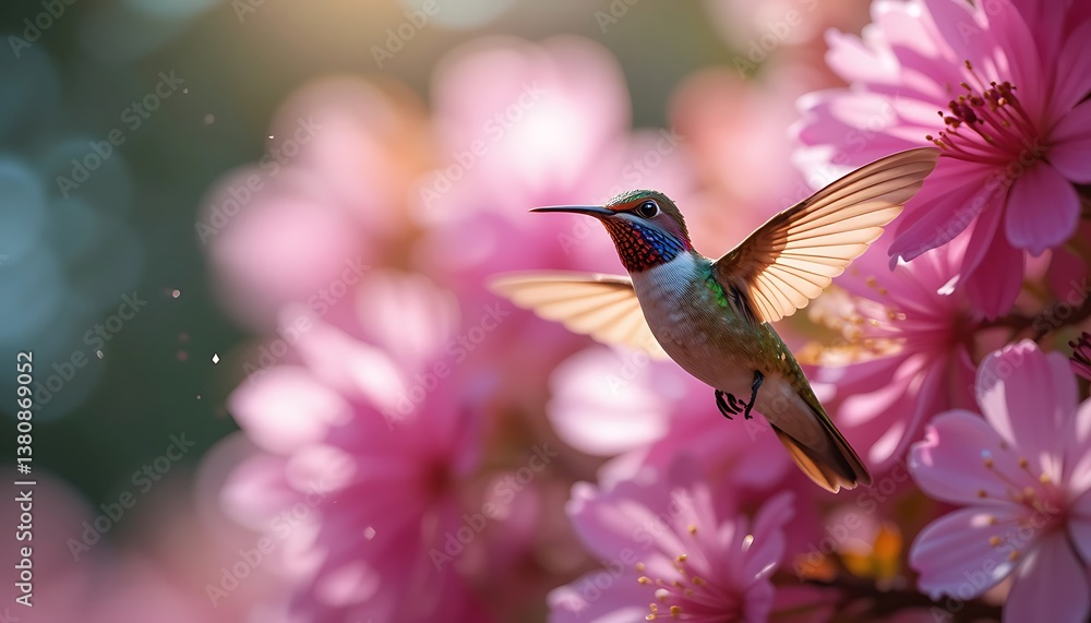 Fototapeta premium Hummingbird Flying Among Pink Blossoms in Spring Sunlight