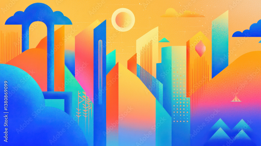 Fototapeta premium Vibrant City Gardens Illustration with Stylized Buildings, Hills, Sun, and Warm-Toned Background with Copy Space for Text