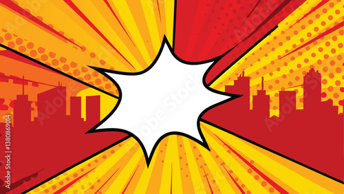 Comic Book Cityscape Explosion, Speech Bubble, Urban Scene