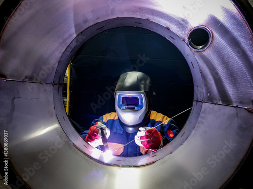 professional welder working on a metal structure using TIG (Tungsten Inert Gas) welding. The welder is wearing a protective suit, a darkened visor helmet, and red-white gloves while holding a welding 