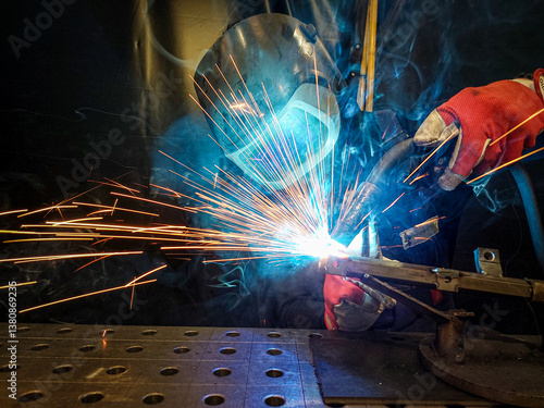 a moment of MIG (Metal Inert Gas) welding as a professional welder works on a metal structure. The welder is wearing a protective mask, safety gloves, and a dark work suit.