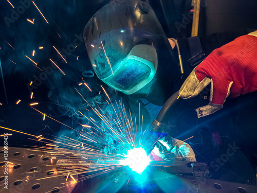 a moment of MIG (Metal Inert Gas) welding as a professional welder works on a metal structure. The welder is wearing a protective mask, safety gloves, and a dark work suit.