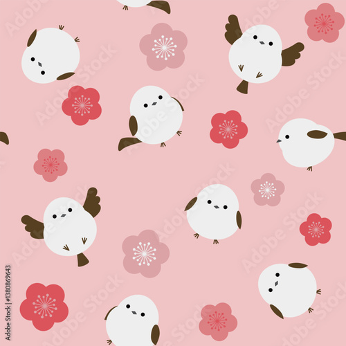 シマエナガと梅の花シームレスパターン