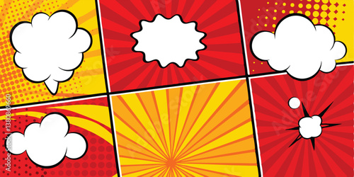 Comic Book Pop Art Background Panels Red, Yellow, Speech Bubbles