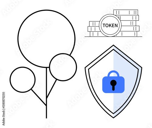Geometric tree alongside a security shield with blue lock, and stacked tokens labeled TOKEN. Ideal for concepts thumbs up security, technology, finance, protection, blockchain, cryptocurrency
