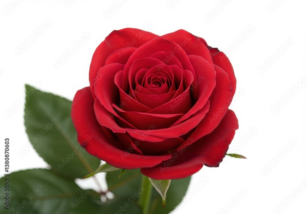 A single red rose with green leaves isolated against a plain white background in a close up view A single red rose with green leaves isolated against a plain white background in a close up view