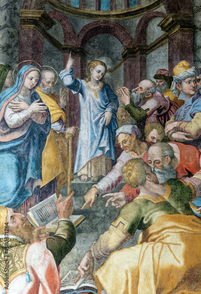 Fresco (15th century) of The young Jesus in the Temple among the Doctors of the Law. . Fresco (15th century) of The young Jesus in the Temple among the Doctors of the Law. .