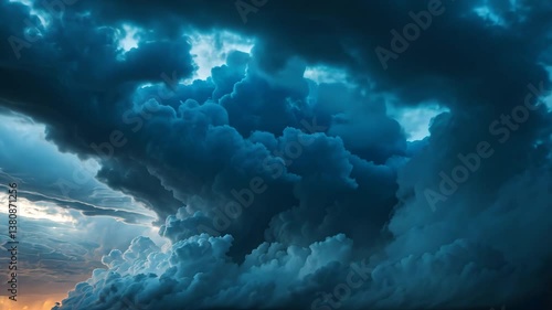 Dramatic, dark storm clouds overshadow the sky, creating the atmosphere. Faint orange tones from the sun are visible on the horizon, enhancing the contrast.
