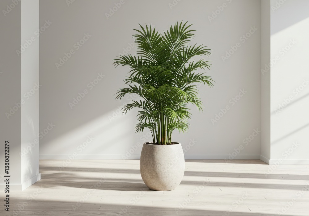 A potted areca palm plant in a minimalist room with white walls and bright natural light shining through A potted areca palm plant in a minimalist room with white walls and bright natural light shining through