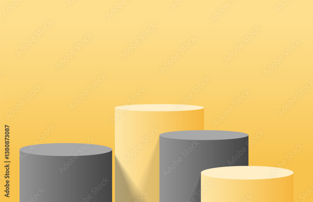 Abstract clean realistic 3d yellow and dark grey cylinder podium. Minimal wall scene for product mockup. Vector geometric form design. 3d pedestal stage for product presentation. 3d vector rendering. Abstract clean realistic 3d yellow and dark grey cylinder podium. Minimal wall scene for product mockup. Vector geometric form design. 3d pedestal stage for product presentation. 3d vector rendering.