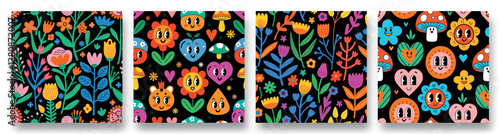 Colorful floral patterns on a dark background featuring whimsical designs and playful details in a vibrant collection