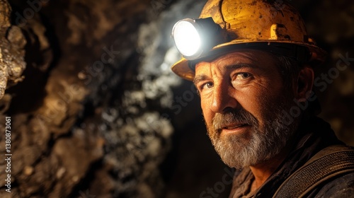 Portrait of a determined miner illuminated by his headlamp underground