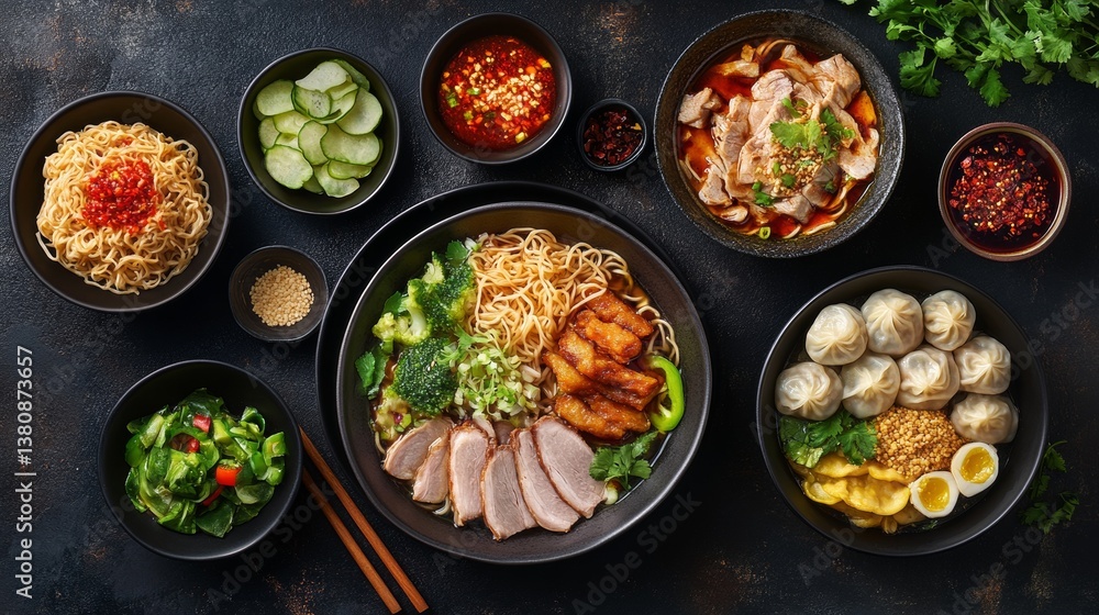 Egg noodle with red roast pork, crispy pork, dumplings, soup and condiments Egg noodle with red roast pork, crispy pork, dumplings, soup and condiments