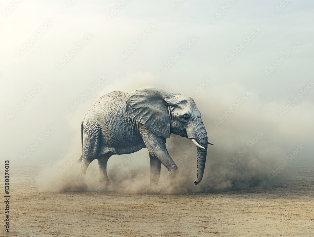 Fototapeta premium Surreal artwork of an elephant dissolving in dust nature landscape artistic environment dreamlike perspective