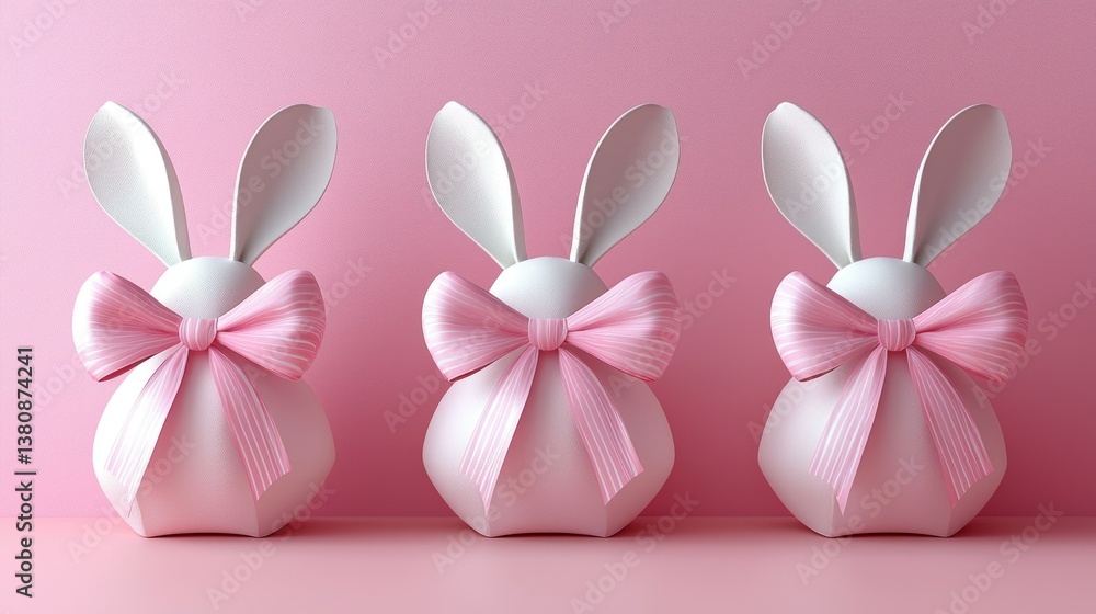 Three Adorable Easter Bunnies with Pink Bows on a Pink Background Three Adorable Easter Bunnies with Pink Bows on a Pink Background