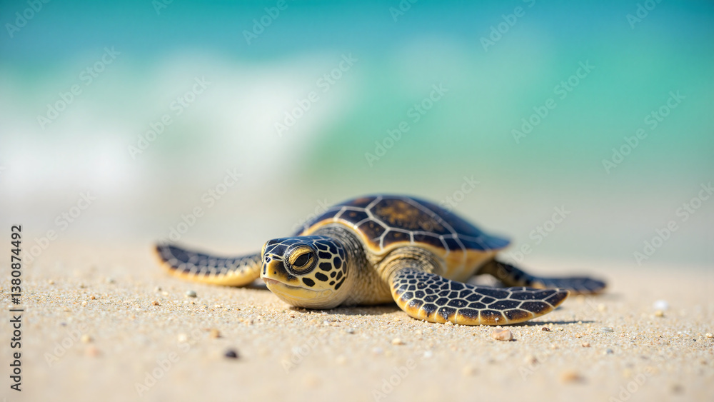 Obraz premium Green sea turtle hatchling crawls on sandy beach turquoise ocean background wildlife conservation