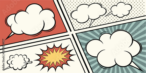Retro Comic Book Panels Speech Bubbles, Explosions, Pop Art