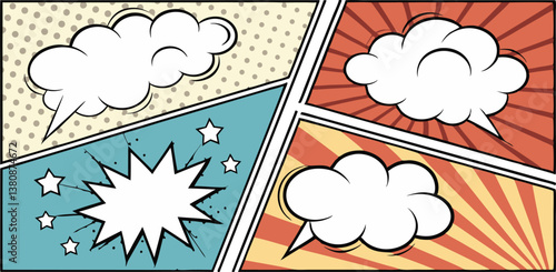 Retro Comic Book Panels Speech Bubbles, Stars, and Action