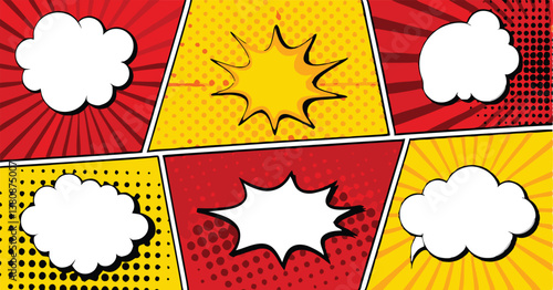 Comic Book Style Background Panels Speech Bubbles, Red, Yellow