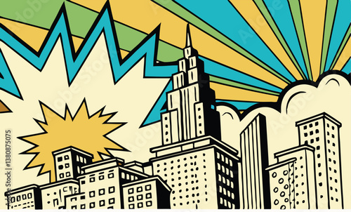 Retro Comic Cityscape Buildings, Explosion, Sunburst, Pop Art