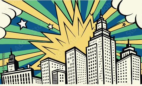 Retro Cityscape Explosion Pop Art Style Building Skyline