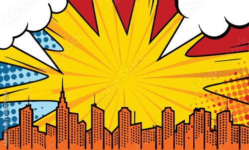 Comic Book Cityscape Pop Art Explosion, Urban Skyline, Speech Bubbles