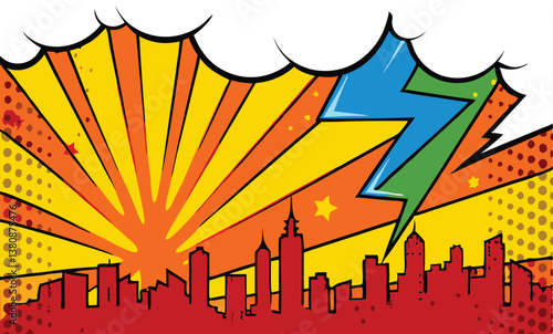 Comic Book Cityscape Exploding Sun, Lightning, Pop Art Style