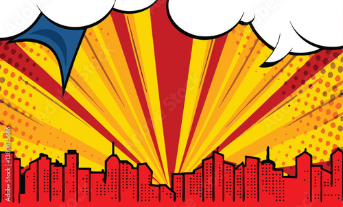 Comic Book Cityscape Exploding Sunburst, Speech Bubbles, Urban Skyline