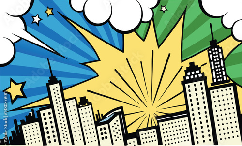Comic Book Cityscape Exploding Metropolis, Skyscrapers, Stars, Pop Art