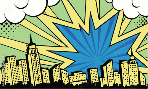 Comic Book Cityscape Explosion, Skyscrapers, Pop Art Style
