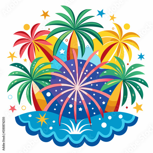 "Stunning fireworks summer vector in AI format for vibrant, customizable digital designs and creative projects."